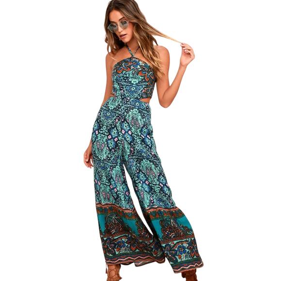 Free People Maribelle Navy Blue Print Jumpsuit Wide Leg Sleeveless Women's XS